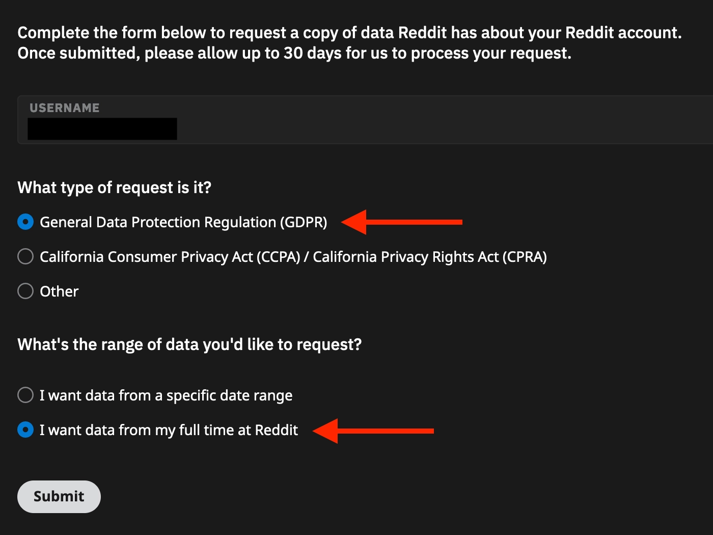 Reddit data request user interface and options