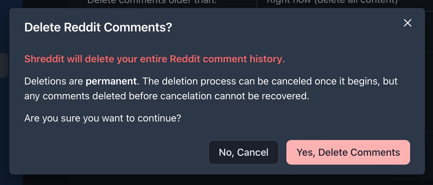 Confirming deleting all comments on Shreddit