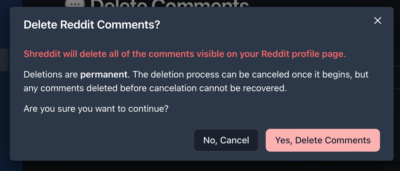 Confirming deleting all comments from your profile page on Shreddit